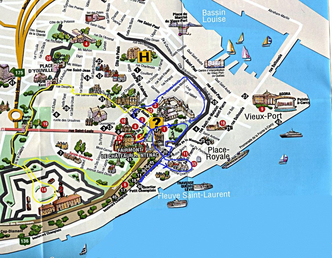 mapa ng old Quebec na may mga atraksyon